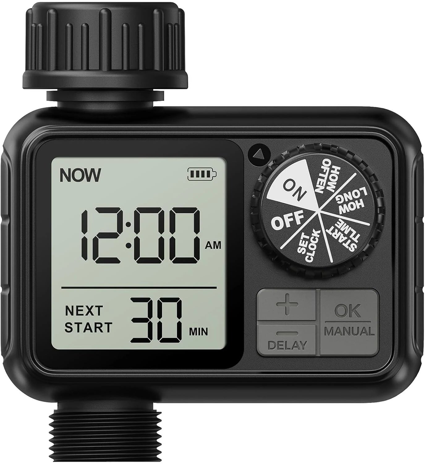 Black digital hose tap water timer with large LCD display